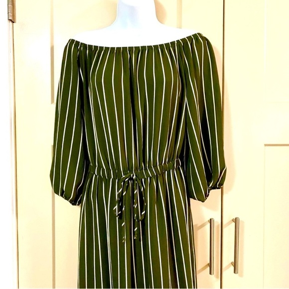 Haute Monde Dark Olive Striped Jumpsuit Size Medium Wide Legs Elastic Waist - Picture 3 of 15